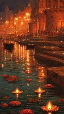 Diwali wallpaper: Ghat of Floating Lotus Diyas